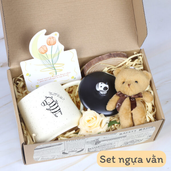Set hộp quà cốc sứ phong cách vintage, hộp quà tặng kèm gấu và hoa ngựa vằn